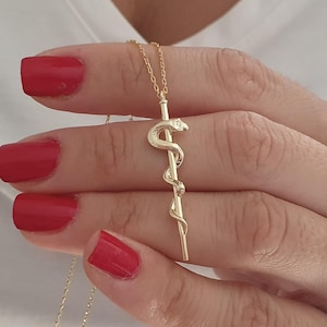 14k Solid Gold Dainty Caduceus Symbol Necklace, 18k Gold Rod of Aclepius Charm Necklace For Doctor, Medical Symbol 10k Gold Pendant For Her
