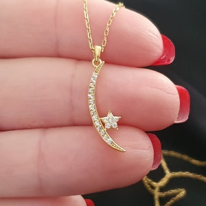 14k Solid Gold Crescent Star Necklace, Moon Star 18k Charm Necklace For Mom, Crescent Moon 10k Gold Pendant For Birthday Gift,Christmas Gift