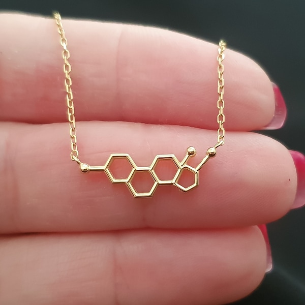 Collar de estrógeno de oro macizo de 10k, 14k y 18k, delicado collar de molécula de estrógeno para regalo de graduación, colgante de molécula de hormona femenina para médico