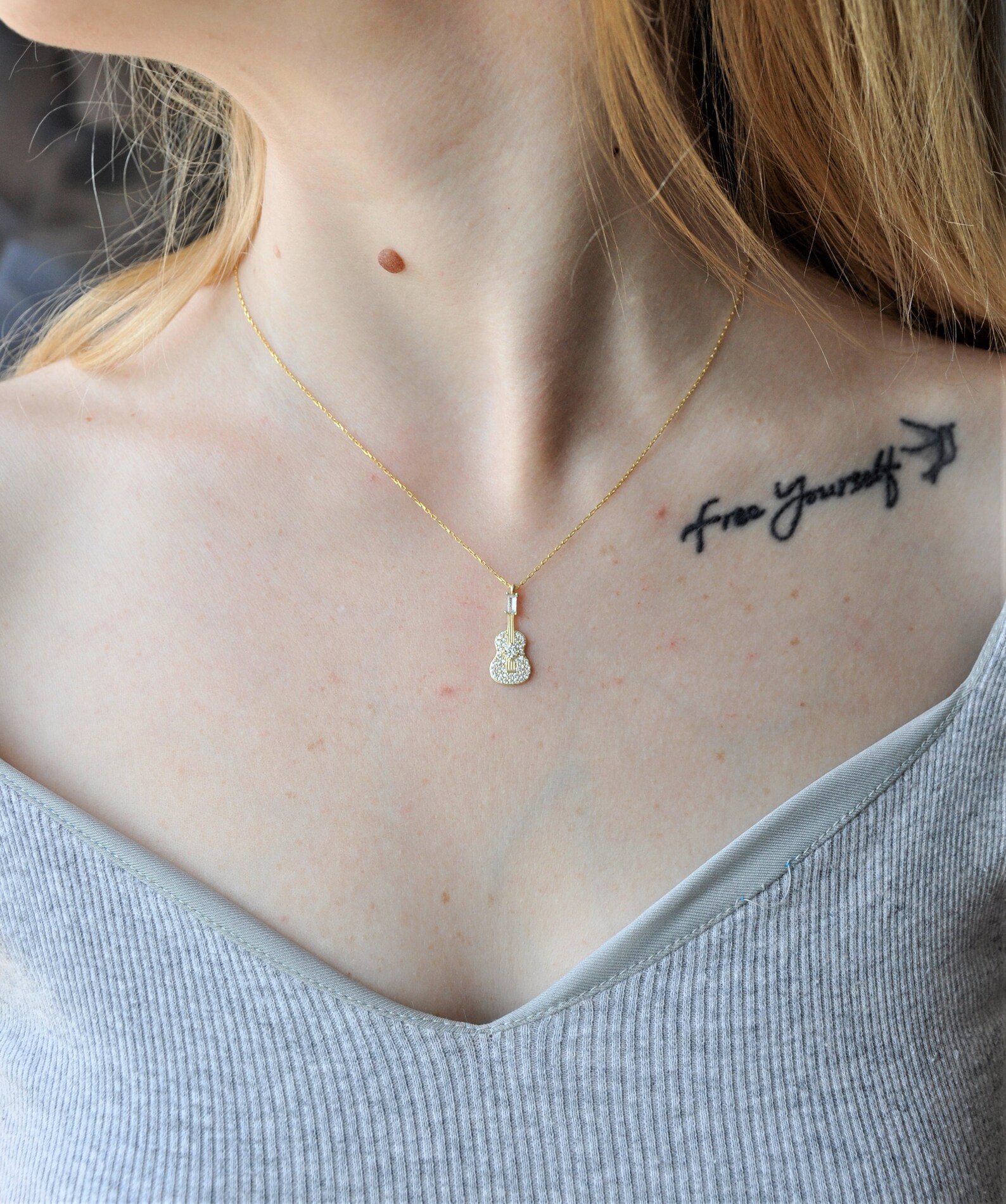 10K 14K 18K Solid Gold Guitar Necklace Stone Guitar Pendant Etsy