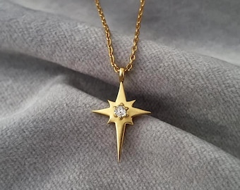 14k Gold North Star Necklace For Women, 18k Real Gold Pole Star Charm Necklace, Tiny Celestial 10k Gold Pendant For Mother's Day Gift