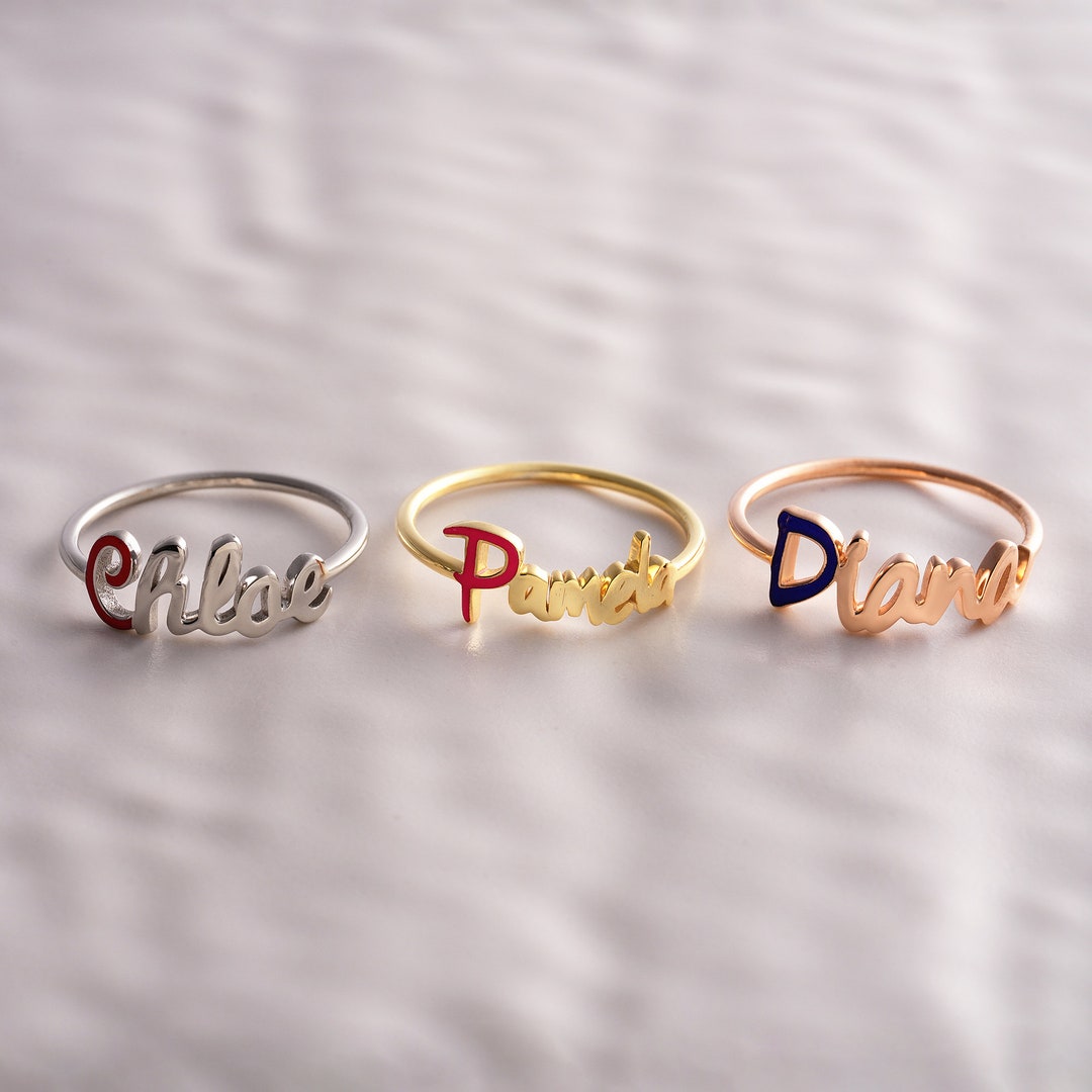 Solid Gold Custom Enamel Name Ring, Customized Name Ring for Christmas ...