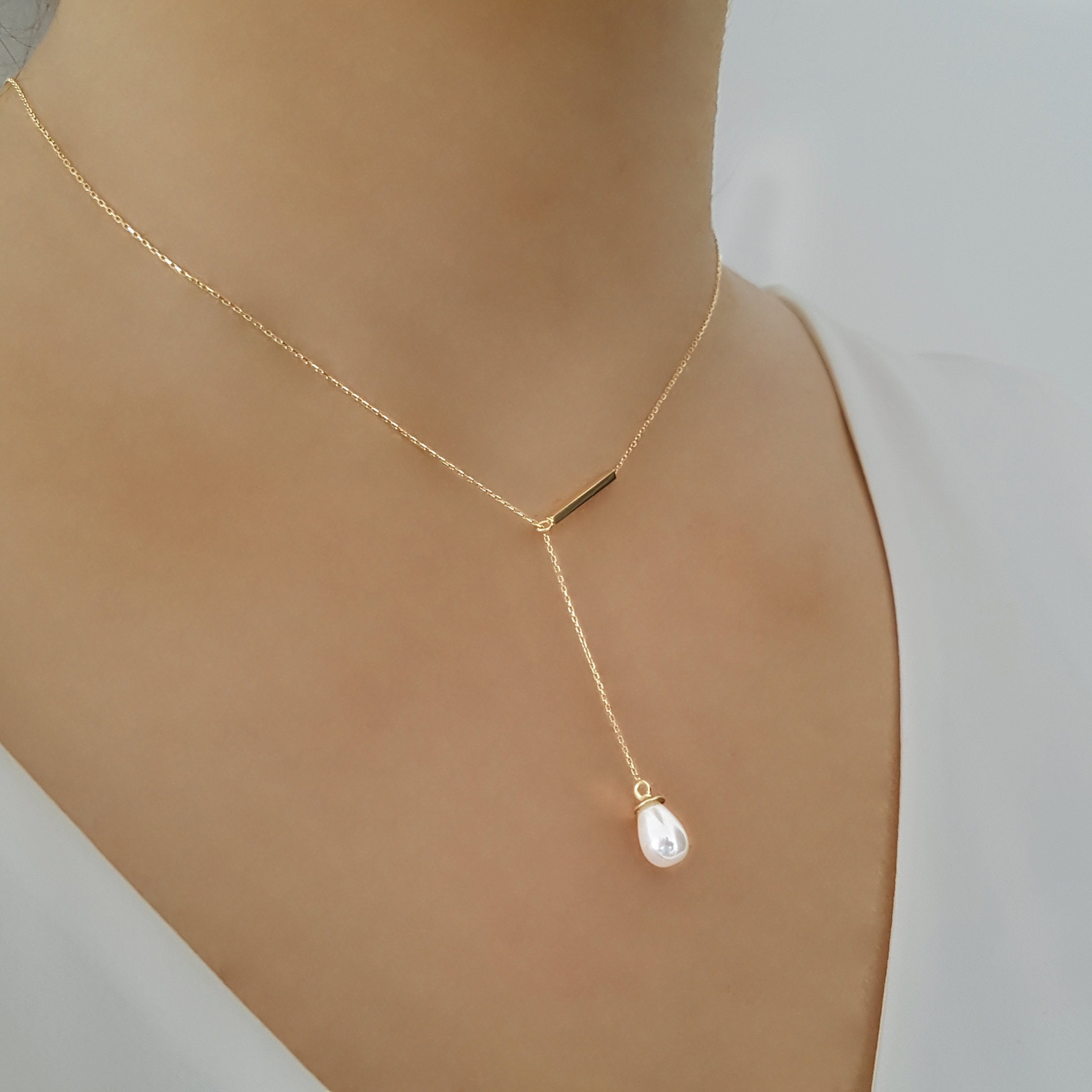 ブレスレット LESS IS MORE gold pearl drop necklace 14k Solid Gold Drop Pearl Necklace, 18k Dainty Pearl Drop
