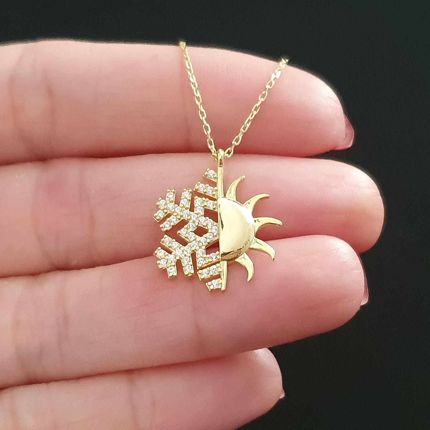 純金の太陽ネックレス、繊細な雪の結晶のチャームネックレス、10k 14k