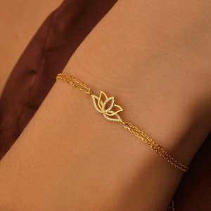 Solid Gold Lotus Flower Bracelet, Dainty Lotus Charm Bracelet For Gift, Flower Bracelet  For Mom, Lotus Flower Bracelet For Christmas Gift