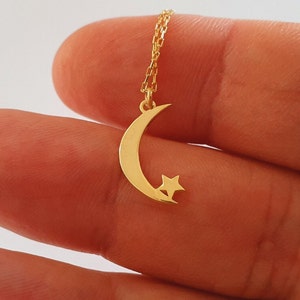 14k Solid Gold Moon Star Necklace, 18k Dainty Crescent Star Charm Necklace For Her, Crescent Moon 10k Real Gold Pendant For Mothers Day Gift