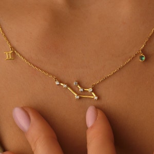 Collana con costellazione dei Gemelli in oro massiccio 10k 14k 18k, ciondolo personalizzato con segno zodiacale Gemelli, ciondolo con pietra portafortuna dello zodiaco Gemelli in oro, regalo di Natale