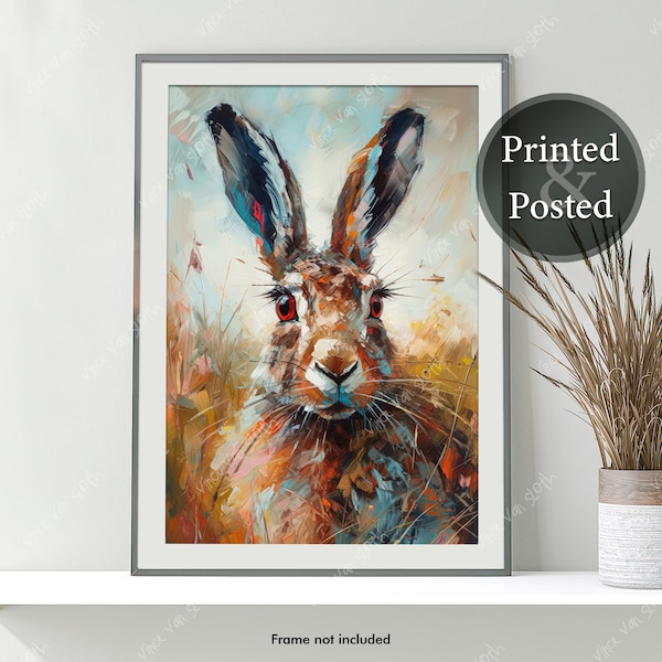 Cute Hare in a field of long grass, Colourful Livingroom wall art, Bedroom Painting Wall Art, Print, Oil, Acrylic Painting countryside hare