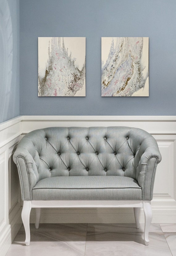 Silver Pink Light Blue and White Acrylic Pour Paintingset Etsy