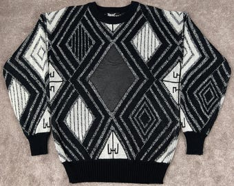 Vtg 80s 90s Diamond Pattern Knit Crewneck Faux Leather Sweater Size M Grunge