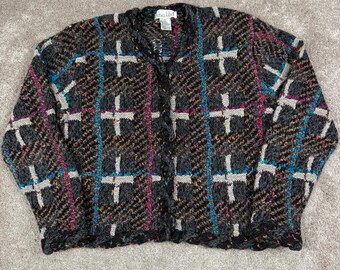 Vtg Debra Lubell Size M Multicolor Confetti Plaid Cardigan 90s Artsy Academia