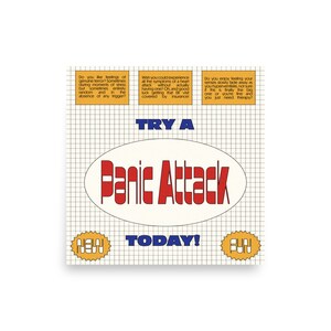 May include: A yellow and blue graphic with a white background and a red oval with the text "TRY A Panic Attack" in white. The graphic has a grid pattern and the text "NEW TODAY! FUN" in yellow and blue.