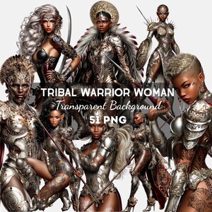 May include: A collection of digital images featuring tribal warrior women in detailed armour and holding weapons. The text reads "TRIBAL WARRIOR WOMAN Transparent Background 51 PNG".