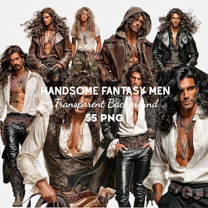 Puede incluir: Un collage digital que presenta a varios hombres de fantasía con cabello largo y ondulado. Visten diversos atuendos, como chaquetas de cuero, camisas abiertas y chalecos. El texto "HANDSOME FANTASY MEN Transparent Background 55 PNG" está superpuesto.