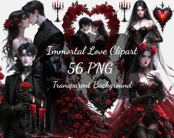 May include: Digital clipart set titled "Immortal Love Clipart" featuring 56 PNG images with a transparent background. The images depict gothic romance themes, including couples, roses, and decorative elements in shades of black and red.
