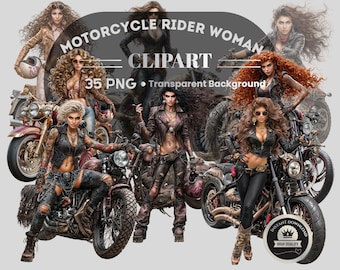 Motorcycle Rider Woman Clipart: 35 PNG Art (Digital Download, 26 Piece PNG Files)