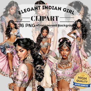 May include: Digital clipart featuring illustrations of elegant Indian women in traditional attire. The women wear intricate jewellery and flowing fabrics in shades of pink, blue, and gold. The text "ELEGANT INDIAN GIRL CLIPART" is displayed at the top.