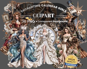 Enchanting Calendar Girls Clipart: 36 PNG Art (Digital Download, Piece PNG Files)