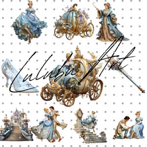 May include: A collection of fairytale-themed illustrations featuring a princess, a carriage, a glass slipper, and a castle. The illustrations are in shades of blue, gold, and white, with intricate details and a whimsical style. The text "Lulubu Art" is also present.