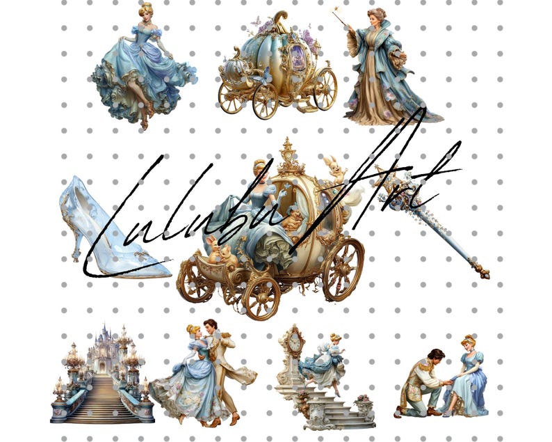 May include: A collection of fairytale-themed illustrations featuring a princess, a carriage, a glass slipper, and a castle. The illustrations are in shades of blue, gold, and white, with intricate details and a whimsical style. The text "Lulubu Art" is also present.