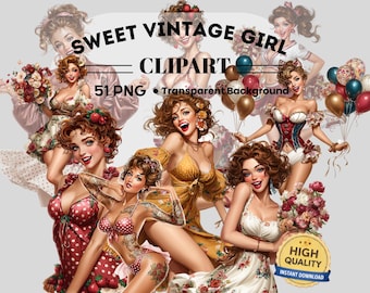 Sweet Vintage Girl Clipart :51 PNG (Printable Digital Download)