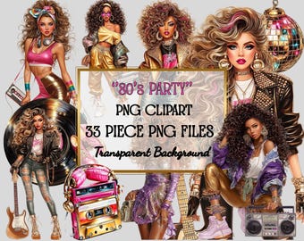 80s Party Clipart: Retro Girl PNG Art (Printable Digital Download, 33 Files)