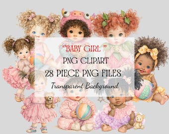 Watercolor Baby Girl Clipart | 28 Piece PNG, Baby Shower (Digital Download)
