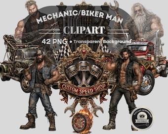 Mechanic Biker Man Clipart :42 PNG Art (Digital Download, 26 Piece PNG Files)