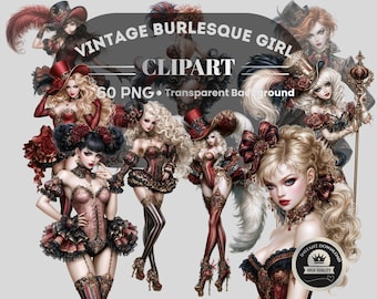 Vintage Burlesque Girl Clipart: 60 PNG Art (Digital Download, Piece PNG Files)