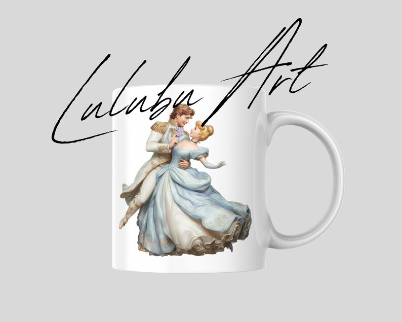 May include: White ceramic mug featuring a romantic illustration of a couple dancing in a ballroom. The couple is dressed in elegant attire, with the woman in a blue gown. The mug has the text "Lulubu Art" in a script font.