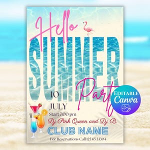 Invitación digital para fiesta "Hola Verano" / Fiesta de verano en la playa / Tarjeta de fiesta digital e imprimible / Plantilla editable de Canva