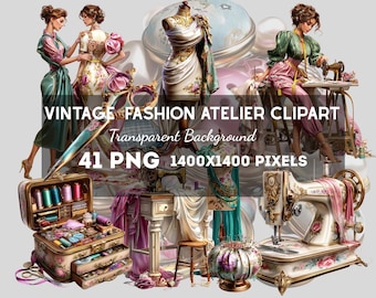 Puede incluir: Ilustración digital de un taller de moda vintage. La imagen incluye una máquina de coser, maniquíes, tijeras y un kit de costura. El texto dice "VINTAGE FASHION ATELIER CLIPART" y "41 PNG 1400X1400 PIXELS".