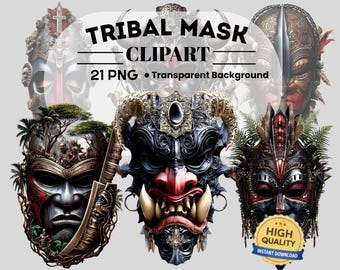 Tribal Mask Clipart : 21 PNG Art (Digital Download, Piece PNG Files)