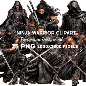 May include: Digital clipart of six ninja warriors in dynamic poses. The ninjas are clad in black clothing, some with hoods and masks, and are wielding swords. The image includes the text "NINJA WARRIOR CLIPART" and file format details.