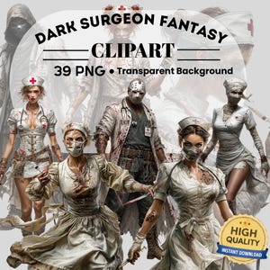May include: Digital illustration featuring a dark surgeon fantasy theme. The image includes multiple figures in medical attire, some with masks and bloodstains. Text reads "DARK SURGEON FANTASY CLIPART 39 PNG Transparent Background". A gold badge says "HIGH QUALITY INSTANT DOWNLOAD".