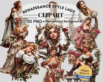 Renaissance Style Lady  Clipart 33 PNG Bundle:  Piece Printable Art (Digital Download)