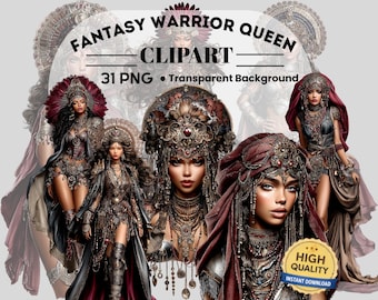 Fantasy Warrior Tribal Queen Clipart : 31 PNG Art (Digital Download, Piece PNG Files)