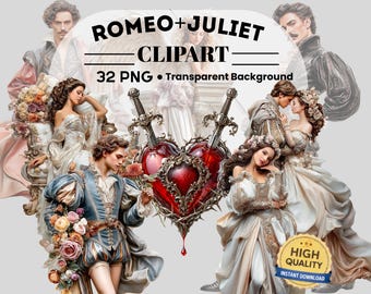 Romeo+Juliet Love Story Clipart: 32 PNG Art (Digital Download, Piece PNG Files)
