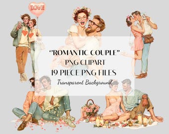 May include: A digital art collection titled "Romantic Couple" featuring 19 PNG files with transparent backgrounds. The image showcases various couples in romantic poses, with a vintage aesthetic. The couples are depicted in different settings, with a soft color palette.