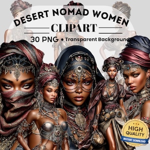 Op de afbeelding: Digitale kunst met meerdere portretten van vrouwen versierd met sierlijke hoofddoeken, sieraden en gedetailleerde kleding. De afbeelding bevat de tekst "Desert Nomad Women Clipart" en "30 PNG Transparent Background". Een "High Quality"-badge is ook aanwezig.