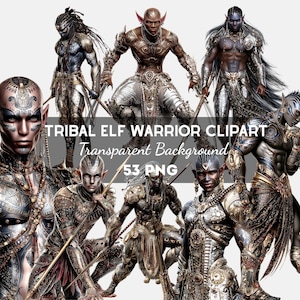 May include: A digital illustration featuring multiple tribal elf warriors with detailed armor and weaponry. The image includes the text "TRIBAL ELF WARRIOR CLIPART Transparent Background 53 PNG". The warriors are depicted in various poses, showcasing their strength and battle-ready appearance.