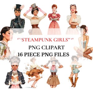 Steampunk Girls Clipart: Retro Fantasy PNG Art (16 Piece Digital Files)
