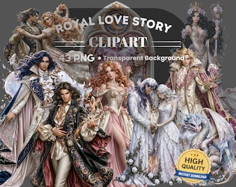 Royal Fantasy Love Story Clipart PNG Bundle: 43 Piece Printable Art (Digital Download)