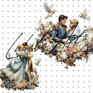 May include: Digital art print featuring a romantic scene with a couple surrounded by flowers and doves. The couple is dressed in vintage attire, with the woman in a blue gown and the man in a blue and gold jacket. The artwork has a fairytale theme.
