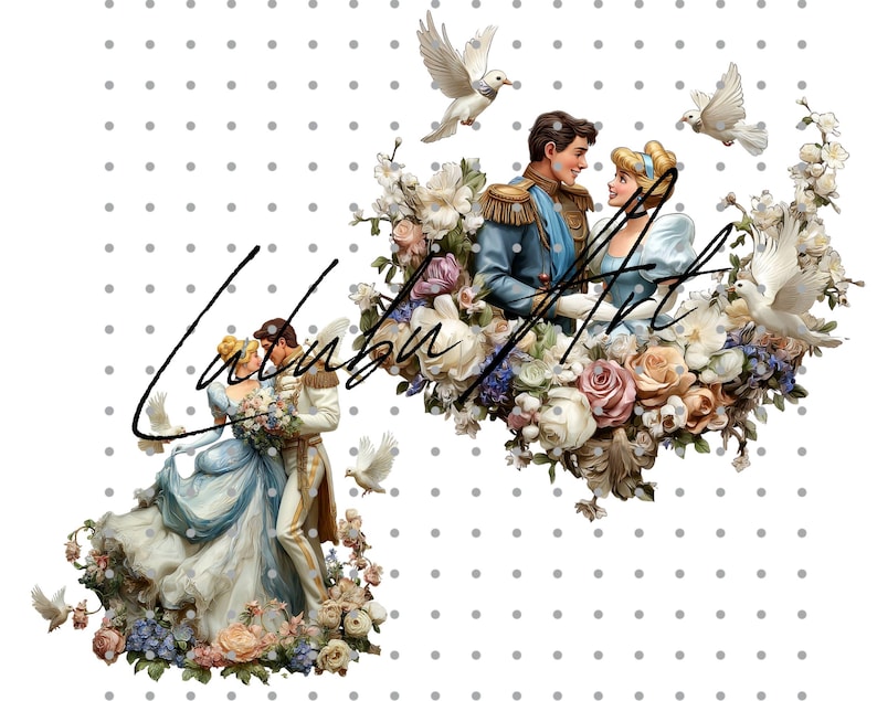 May include: Digital art print featuring a romantic scene with a couple surrounded by flowers and doves. The couple is dressed in vintage attire, with the woman in a blue gown and the man in a blue and gold jacket. The artwork has a fairytale theme.