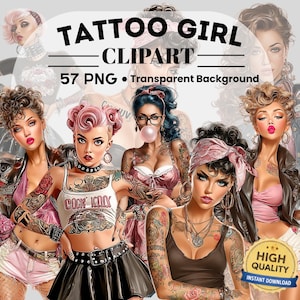 Puede incluir: Clipart digital con ilustraciones de chicas tatuadas en varias poses. La imagen incluye el texto "TATTOO GIRL CLIPART" y "57 PNG • Transparent Background". Las ilustraciones muestran mujeres con tatuajes, usando chaquetas de cuero y otras prendas elegantes.