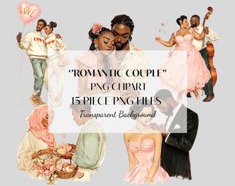 May include: Digital clipart set featuring illustrations of romantic couples in various poses. The images include couples taking selfies, dancing, and sharing intimate moments. Text on the image reads "ROMANTIC COUPLE" and "PNG CLIPART 15 PIECE PNG FILES Transparent Background."