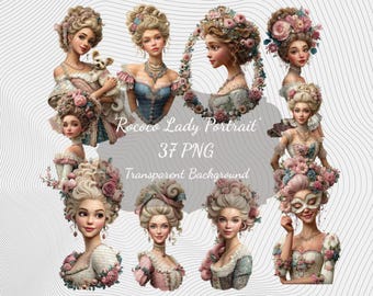 Rococo Ladies Portrait Clipart  37 PNG:  Piece Printable Art (Digital Download)