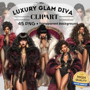 Peut inclure: Clipart numérique représentant des femmes glamour dans des tenues luxueuses. L'image comprend le texte "Luxury Glam Diva Clipart" et "45 PNG Transparent Background". Les femmes portent des manteaux de fourrure et des bijoux.