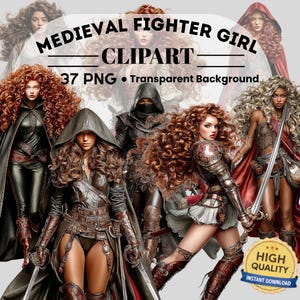 Könnte beinhalten: Digitale Illustration von mittelalterlichen Kämpferinnen mit lockigem Haar, die Rüstungen tragen und Schwerter halten. Das Bild enthält den Text "MEDIEVAL FIGHTER GIRL CLIPART" und "37 PNG Transparent Background". Ein "HIGH QUALITY"-Abzeichen ist ebenfalls vorhanden.